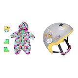 BABY Born Zapf Creation 830086 Deluxe Matschhose Set 43 cm - bunter Puppenoverall Overall & 830055 Fahrradhelm- Glitzer-Puppenhelm in Silber und gelb für 43cm Pupp