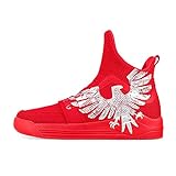 Herren-Sneakers, hohe Sneakers, weiße Netz-Strickschuhe mit handbemaltem Falkenmuster, Rotfliegender Adler,