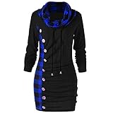 TOPKEAL Lange Blouse Pullover Damen Herbst Winter Langarm Unregelmäßig Plaid Nähen Sweatshirt Knopf Rollkragen Tartan Tunika Winterpullover Jacke Mantel Tops Mode 2019 (Blau 4, L)