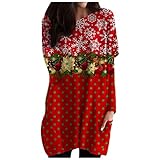 Vintage Rundhals Weihnachtspullover Damen mit Weihnachtsmann Rot kariert Schneeflocke Motiv Weihnachtspullis Große Größen Weihnachten Wasserfallshirts Übergröße Locker Karneval Party Warm Sw