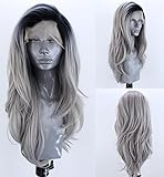 VEBONNY Synthetic Silver Perücken für Frauen Beste graue Perücke verwurzelt schwarz Ombre grau Perücken gewellte Ombre Spitze Front Perücke 22 Zoll VEBONNY Wig VEBONNY-014