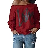 Damen Pulli Pullover Schulterfrei Love Langarm T-Shirt Rundhals Ausschnitt Lose Bluse Hemd Pullover Oversize Sweatshirt Oberteil Top