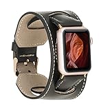 Renna Echtleder Armband kompatibel mit Apple Watch Serie SE, 6 und 5/4/3/2/1 handgefertigtes CUFF Lederarmband 44mm 42mm 40mm 38mm für Damen Herren (38-40mm, Schwarz Band, Silver Connector)