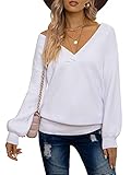 Vthereal Damen Pullover Oversized V Ausschnitt Tops Strickpullover Casual Oberteil Pulli Frauen Sweatshirt für Winter,Weiß,M