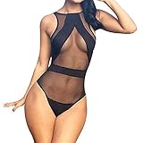 Minetom Damenmode Sexy Gitter Striped durchschauen Bikini Monokini Bademode One-Piece Beachwear (Schwarz DE 36)