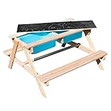 Sunny Dual Top 2.0 Kinder Sand & Wasser Picknicktisch aus FSC Holz | Wasserspieltisch & Sandtisch mit Deckel und blauen Behältern | Kindertisch / Matschtisch mit Kreidetafel für den G