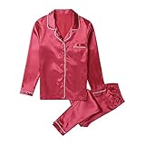 Ma.Lina.Ann Damen-Pyjama-Set aus Seidensatin, langärmelig, Knopfleiste, Nachtwäsche, Nachtkleid, Loungewear, rot, M