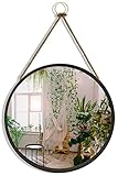 Spiegel rund schwarz Holz, runder Wandspiegel 48 cm Ø mit Verstellbarer Seilaufhängung & schwarzem Holzrahmen, Deko Rundspiegel groß, Round Mirror Wall zum Aufhängen, Holzspiegel N