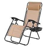 Relax-Liegestuhl Sonnenliege klappbar mit Getränkehalter, ergonomisch und atmungsaktiv, inkl. Kopfkissen, Verstellbarer Rückenlehne und Armlehnen für Mittagspause, Beig