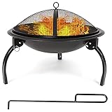 Wsjfc Outdoor-Feuerstellen mit sicheren Grillgabeln, tragbare runde BBQ-Grill-Feuerschale mit 3 faltbaren Beinen, Mesh-Funkenschutzabdeckung, Poker, Oxford-T