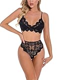 DELIMALI Sexy Dessous Set 2 Teile/3 Teilig Spitze BH + Höschen Damen #2 Schwarz L