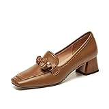 TinaCus Damen Echtes Leder Square Toe Low Chunky Heels Retro Loafers Schuhe, braun, 40 EU