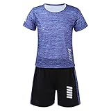 dPois Jungen Sportanzug Kurz Trainingsanzug Zweiteilige Sportwear Kurzarm T- Shirt Oberteil mit Shorts Lässig Kinder Basketball Radfahren Laufen Fitness Outfits Hellblau 134-140/9-10 J