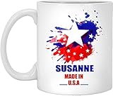 Individuelle Tassen mit Text für Erwachsene – Susanne Made in USA Flagge Aquarell – Einzigartige Tee- und Kaffeetassen für ihn, sie auf Thanksgiving – Weiße Keramik