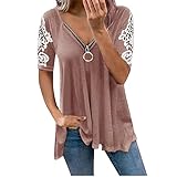Tunika Shirt Damen Kurzarm Sommer T-Shirt Tops Spitze Oberteile Einfarbig Elegant Bluse Jumper Reißverschluss V-Ausschnitt Sportshirt Blusenshirt Locker Mode Longshirt L