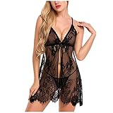 Geilisungren Dessous Kleid Damen Sexy Spitze Negligee Dessous V-Ausschnitt Babydoll Pyjama Set Nachtkleid Set Reizwäsche Mit Strapse Babydoll Unregelmäßiger Kleider Lingerie Nachtwäsche Set Nachtk