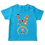 OKIWOKI One Piece - Pokémon - Fairy Tail Lustiges Türkis Baby T-Shirt - Natsu, Ruffy und Glumanda (One Piece - Pokémon - Fairy Tail Parodie signiert Hochwertiges T-shirt in Größe 18 monate - Ref :