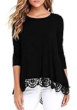 Odosalii Damen Langarm T-Shirt Pullover Rundhals Spitze Tunika Top Asymmetrisch Saum Bluse Tops, Schwarz, M