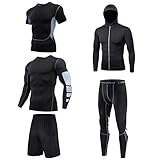 eiuEQIU Herren 5 Stücke Sport Anzug Schnell Trocken Joggen Kleidung Strumpfhosen Laufanzüge Kompression Atmungsaktiv Shirt+Jacke+Short+Hose Strumpfhosen Gym Training Lauf Trainingsanzüg