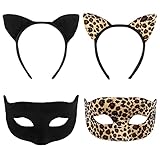 FRCOLOR Schwarze Katzenohren Set Katzenohr Stirnband mit Maskerade Halloween Katzenohren Stirnband-Set für Kinder und Erwachsene Cosplay Party Kostüm (Schwarz, Leopardenmuster Stirnband & Maske)