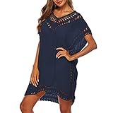 Shujin Damen Sommer Boho Strandkleid Bikini Cover up Überwurf Strandponcho Tunika Oversize Bluse mit Häkel Minikleid (EU 36-44, Marine)