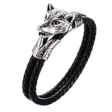 LOLIAS Herren Wolfskopf Armband Schwarz Echt Geflochtenes Leder Armband Wikinger Metall Vintage Manschette Armreif Wristle Schmuck