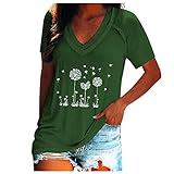 LäSsig Bedruckt Tops Damen T Shirt LöWenzahn Motiv Pullover Lose Tunika Bluse Kurzarm V Ausschnitt(Grün,3XL)