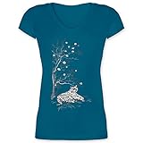 Vintage - Tiger Kirschblüten Baum - XXL - Türkis - Tiger - XO1525 - Damen T-Shirt mit V