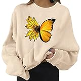 Briskorry Damen Rundhals Pullover Klassisch Sunflower Muster Langarm Sweatshirt Teenager Mädchen Laternenärmel Pulli Festival Casual Sweater Sw