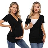 KOJOOIN Damen Stillshirt V-Neck Umstandsshirt Kurzarm Umstandsmode Schwangere Nursing Tops Schwarz XXL