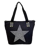 STERN Strass Glitzer Star Damen Tasche Canvas Stoff Fashion Shopper Henkeltasche Schultertasche Stofftasche Pu Leder (Schwarz)