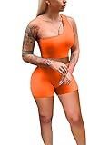 Vialogry Damen enganliegendes zweiteiliges Kleidungs-Set, eine Schulter, bauchfreies Top, hohe Taille, figurbetont, Workout, kurze Legging-Set, Übergröße, Orange, 46