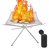 CQWLKEJ Tragbare Feuerschalen 56x56x43cm, Camping Faltbare Feuerkorb, Holzbefeuerte Kamin mit Aufrollbares Stahl Mesh und Klappständer, Outdoor Firepit für Patio, Camping, Grill, G