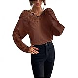 Orgrul Pullover Damen Langarm Spitzenbesatz V-Ausschnitt Sexy Tops Lose Strickpullover Herbst Winter Lässige Warme Pullover Bluse (M, Kaffee)