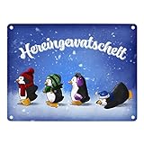 speecheese Hereingewatschelt Metallschild in 15x20 cm mit Vier niedlichen Pinguinen lustiger Spruch Weihnachten Winter Dekoration Pinguin Bobbelmütze S