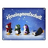 speecheese Hereingewatschelt Metallschild in 15x20 cm mit Vier niedlichen Pinguinen lustiger Spruch Weihnachten Winter Dekoration Pinguin Bobbelmütze S