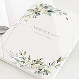 sendmoments Fotoalbum zum Selbstgestalten, Hochzeit, Greenery und Gold, personalisiert mit eigenem Text, Hochformat, 32 leere weiße S