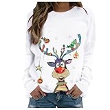 Springcmy Frauen Weihnachten Sweatshirts Rundhalsausschnitt Lustige Print Pullover Herbst Winter Casual Pullover Xmas Top (B-White, Large)