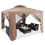 COSTWAY Gartenpavillon Pavillon mit 4 Seitenwänden, Gartenzelt für Camping, Partyzelt Sonnenschutz, Festzelt mit Reißverschluss und Moskitonetz 300x300x265cm (Kaffee)