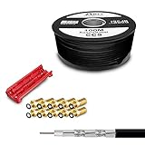 ARLI Set 100m Koaxial SAT Kabel 135db schwarz + 10x F-Stecker vergoldet + Abisolierer Kabelmesser CCS Stahl Kupfer Satellit Antennenkabel 5-Fach geschirmt Satkabel DVB-S/S2 -C/C2 -T/T2 DAB+ R