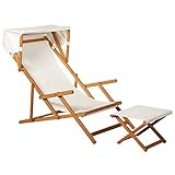 Outsunny Sonnenliege Gartenliege Relaxliege verstellbar Liegestuhl Relaxsessel Gartenmöbel mit Sonnendach Hocker Akazie + Polyester Natur+Weiß 126 x 70 x 94