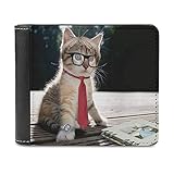 niedliche Katze mit Brille lesen Bücher Leder Geldbörsen für Damen Herren Ledergeldbörse Personalisiert Portemonnaie Blockierung Minimalistische Portmonee Geschenk für Mutter Vater White One S