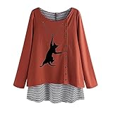 Langarmshirt Damen Karikatur Katze Drucken Streifen Patchwork Langarm T-Shirt Übergröße Lose Casual Knopfdekoration Teenager Mädchen T-Shirt Tunika Tops Shirt Oberteile Pullover Blusen H