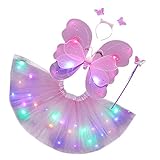 PRETYZOOM 4Pcs Rosa Licht Up Tutu Rock Set Fairy Engel Flügel Stirnband Zauberstab Beleuchtete Engel Kleid Mädchen Glow in Dark Kostüm Schmetterling Engel Cosplay Party F