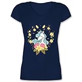 Einhorn Geschenk Unicorn - Einhorn mit Blumen - S - Dunkelblau - V-Neck - XO1525 - Damen T-Shirt mit V