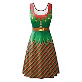 YUUMIN Weihnachtskleid Damen Sexy Spaghettiträger Abendkleider mit Weihnachtsmotiven Druck 3D Optiken Partykleider Hoch Taillie Plissee Kleid Festlich Grün M