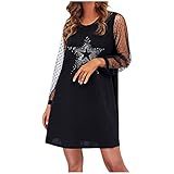 LUNULE Damen Abendkleid Diamant Drucken Minikleid Elegant Schwarz Abendkleid Netz Ärmel Langarmkleid für Female Retro Cocktailkleid Knielangen Freizeitkeid Damen Party Cocktail Club Kurzk