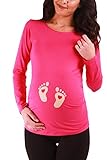 M.M.C. Fußabdrücke Baby mit Herz - Süße Umstandsmode Motiv Umstandsshirt Sweatshirt Schwangerschaftsshirt für die Schwangerschaft, Langarm (Koralle, X-Large)