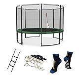 Ampel 24 Deluxe Outdoor Trampolin 366 cm grün mit Netz außen, Belastbarkeit 160 kg, Set mit Leiter, Windsicherung und 1 Paar Antirutsch-Socken ex