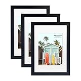 Kennethan 100% Echtholz Bilderrahmen Schwarz A4 3er Set -mit Passepartout 15x20cm, Fotorahmen mit Acrylglas zum aufhäng